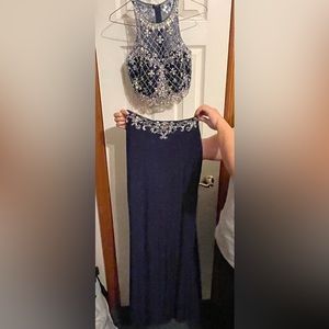 Formal navy two-piece halter top prom dress with gems